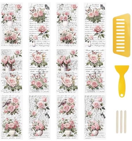 WANDIC 12 Blatt Retro-Aufkleber zum Aufreiben, rosa Retro-Blumen-Aufkleber, Rosen-Aufkleber mit Buchstaben, wasserdichte Aufkleber für DIY, Scrapbooking