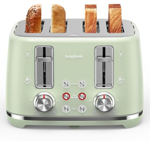 Toaster 4 Slice, Extra Wide Slots Stainless Steel with High Lift Lever, Dual Independent Controls, Removable Crumb Tray, Easy to Clean, 6 Shade Settings, Reheat & Defrost, Green