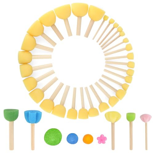 30 Pièces Pinceaux éponges Enfants Set (avec 5 de Fleurs Champignon Bâtons), Manche Bois Pinceau Mousse Peinture, Pinceaux éPonge Ronds pour Enfants de Bricolage Peinture, Graffiti, Céramique Crafts