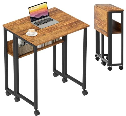 GreenForest Klappschreibtisch, kleiner, faltbarer Computertisch mit Rollen und Ablage für kleine Räume, einfache Montage, 80 cm, Walnussholz