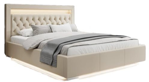 Designer Polsterbett Infinity 140x200 inkl. RGB-Beleuchtung, USB-Anschluss und Stauraum | Bezug: Kunstleder | Farbe: Beige