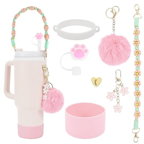 Stanley Cup Set di accessori – Cinghia per bottiglia d'acqua, stivali Siliocne Stanley, copertura per cannuccia, Stanley Cup Accessories per Stanley Cup 800 ml – 1100 ml (quarzo rosato)