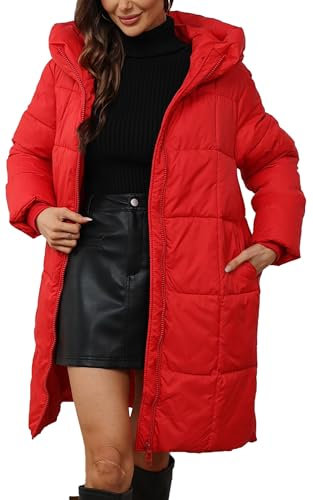 Maeau - Doudoune Longue Hiver Femme Manteau en Duvet à Capuche Légère Imperméable Coupe-vent Veste Duvet Matelassé Chaud Manteau Parka Long Épais - Rouge - 2XL