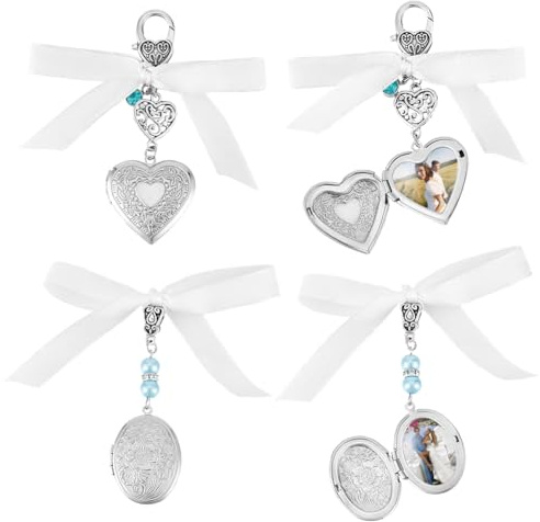 UNICRAFTALE 4 Set 2 Stile Hochzeitsstrauß Foto Anhänger Blumenstrauß Gedenk Anhänger Braut Blau Gedenk Hochzeitsgeschenk Foto Andenken Herz Medaillon Anhänger Dekoration Hängendes Ornament
