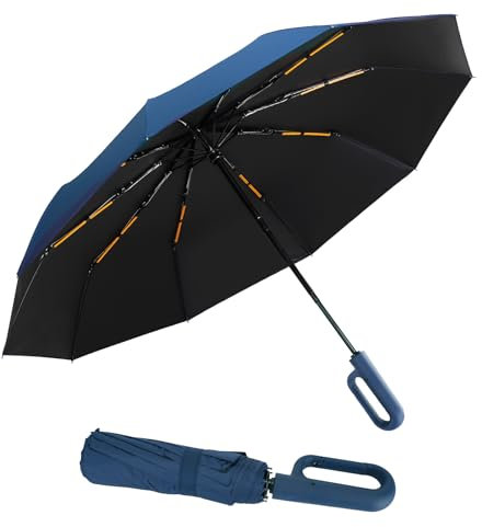 Cooloutdoors Regenschirm Sturmfest für Regen, 10 Rippen, Freien UV Schutz Faltender Sonnenschirm, Automatik regenschirm, Karabinergriff für Herren und Damen-Dunkelblau