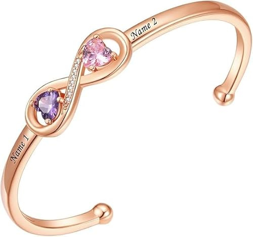 Custom4U Bracelet Femme Prénoms Personnalisé Jonc Ouvert Réglable Infini/Coeur avec Pierre de Naissance Prénom Gravure Bijoux Pour Femme Fille Famille