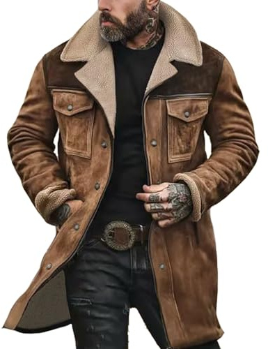 Giubbotto Invernale Uomo Giacca Vintage in Pelle Scamosciata Colletto rovesciato Giubbino Giacchetto Foderata in Pile Caldo Lavoro Cappotto Con Bottone e Tasche Manica Lunga Sherpa Termica Morbido
