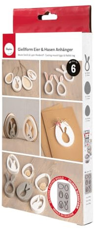 Rayher Silikon Gießform Eier + Hasen, Form mit 6 Einzelmotiven, Formgröße 14,5 x 26 x 1,5 cm, Anhänger Ostern, Ausgießen mit Kreativ-Beton, Schmuck-Beton, Raysin-Gießpulver, Gießharz, Wachs, 36174000