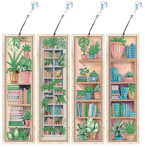 JISHSHAY 4 PCS Diamond Art Bookmarks Plant Diamond Painting Book Marks for Reading Gem Art Bookmarkers Gem Painting Book Markers Mosaic Kits for Adults Special Shape Drills with Crystal Pendants
