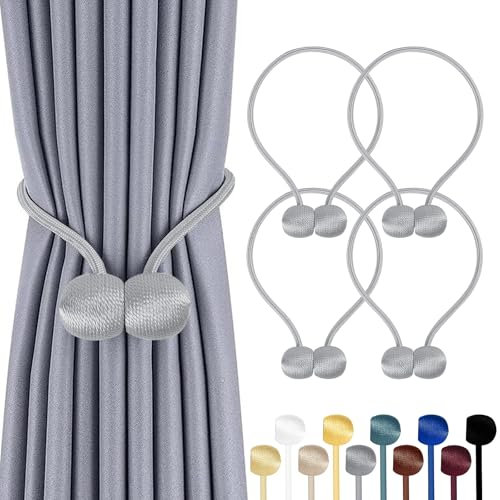 TopHomer 4 Stück Magnetische Vorhang Raffhalter, 10 Farben | Für Wohn-/Schlafzimmer, Bad & Esszimmer, passt zu Vorhängen/Gardinen/Duschvorhänge (Silber)