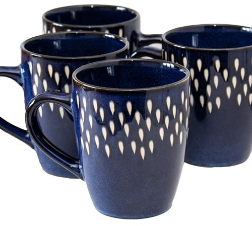 Darthome Blue Splash Reactive Glaze 350ml Mugs Set of 4 Stoneware Rain Drop Coffee Cups