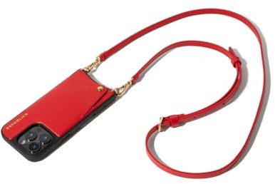 Bandolier Emma Crossbody Wallet Phone Case for iPhone 15 Pro Max. 100% Genuine Pebble Leather. Adjustable & Removable Crossbody Strap. Card Holder with Snap Closure. Red with Gold Hardware