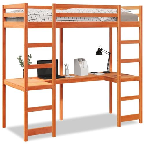 Genérico Wenjingqi 3308567 Hochbett mit Schreibtisch, massives Kiefernholz, 90 x 200 cm, Braun