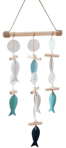 Maritime Deko zum Aufhängen, Deko Maritim Windspiel, Hängedeko mit Holzfisch, Muscheln, Jakobsmuscheln, Nordsee Deko Hängend, für Sommer Fenster Wohnzimmer (D)