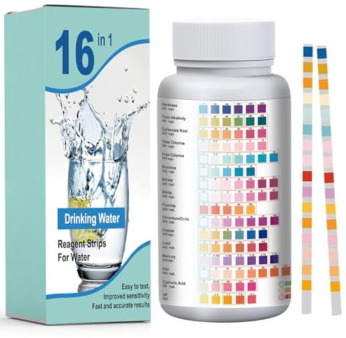 50 Piezas 16 en 1 Tiras Prueba Agua, Prueba de Agua de Piscina y SPAs y Agua Potable, Kit Análisis Tiras de Prueba de Agua Con 16 Parámetros, Análisis de Dureza Total, pH Prueba, Alcalinidad