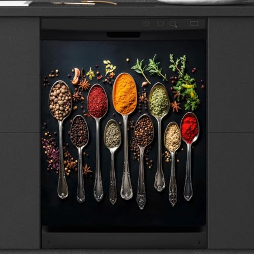 Mexpekil Autocollant magnétique pour lave-vaisselle, motif épices, herbes, cuillères, 53,3 x 66 cm, autocollant décoratif pour porte d'entrée, panneau magnétique étanche