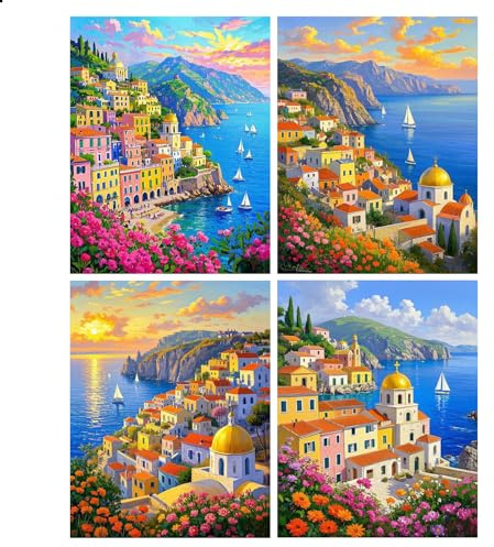 JISHSHAY 4er Set Diamond Painting Steine Rund Positano 40×50cm Diamant Painting Runde Steine Italien Diamant Malerei Städte Diamaond Malerei Diamantmalerei Mosaik Bastelset Erwachsene Crystal Art