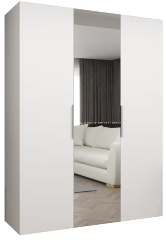 MEBLE KRYSPOL - Kleiderschrank mit Spiegel - Drehtürenschrank - Schrank 150x202x52cm - Garderobenschrank Schlafzimmer, Flur, Jugendzimmer - Farbe Weiß, Griff Kaschmir - Marbella 2 150
