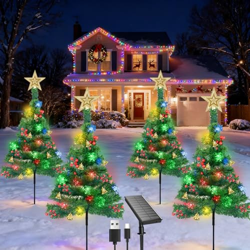 Qoosea Árbol de Navidad con Luces Solares, 4 Luces Solares Exterior Jardin con 80 LED Luces de Copo de Nieve, Impermeable LED Luz Solar Iluminación y carga USB, Decor de Navidad para Patio, Jardín