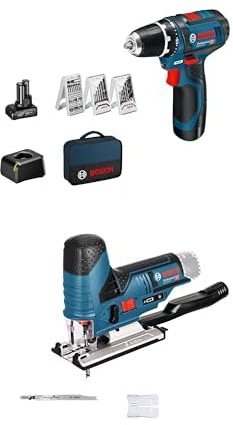 Bosch Professional 12V System Akku Bohrschrauber GSR 12V-15 (inkl. 39 tlg. Zubehörset, 2.0Ah Akku, 4.0Ah Akku, Ladegerät GAL 12V-20, Werkzeugtasche) + Bosch 12V System Akku Stichsäge GST 12V-70