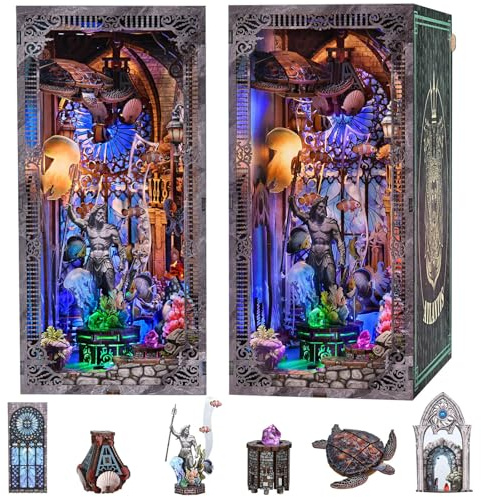 Fifijoy Kit de Maison de Poupée - Atlantis Kit de Maison de Poupée Miniature à Assembler pour Adultes et Adolescents, Support de Livre en Bois 3D avec Éclairage LED, Décoration de Bibliothèque, Cadeau