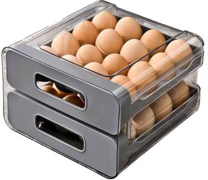 Tidevib Portauova da frigorifero con cassetto a 2 strati, impilabile per 32 uova, realizzato in plastica PP resistente, colore: bianco/beige/grigio