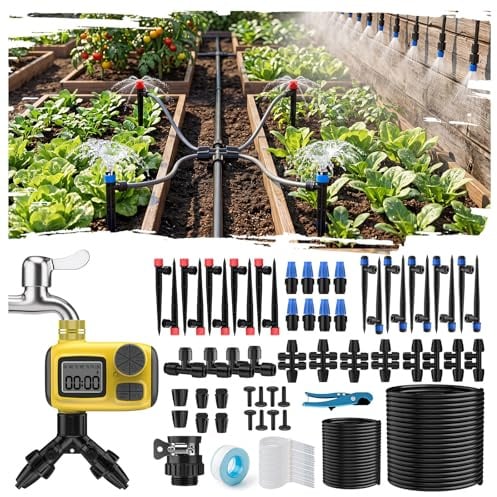 Deepoter Kit di Irrigazione a Goccia con Timer Irrigazione, Sistema di Irrigazione Automatica Programmabile 25m Tubo Irrigazione a Goccia, Kit Irrigazione Giardino Completo per Giardino e Orto