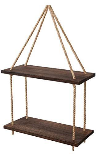 Syglawnd Hanging Shelf, Rope Shelf Wood Wall Hanging ladder Storage Rack for Living Room Bathroom Bedroom Kitchen Apartment Office 2 Tier, Wood Wall for Daily Use