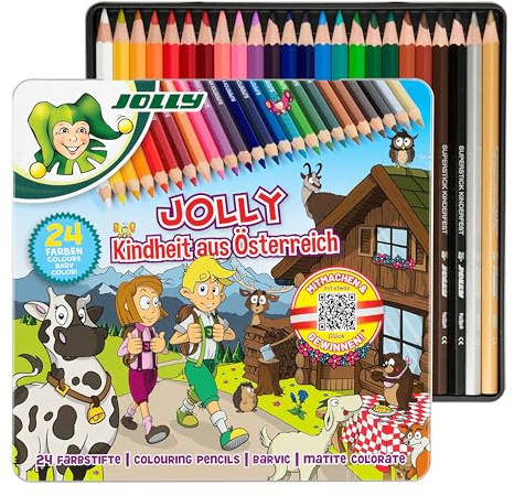 JOLLY Buntstifte Supersticks, Kindheit aus Österreich Edition Wandern, 24er-Metalletui, Bruchfeste & ungiftige Farbstifte, 24 Farben