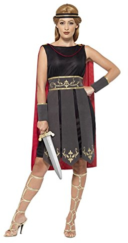Smiffys Römischer Krieger Kostüm, Schwarz, mit Kleid, befestigtem Umhang, Arm- & Beinstulpen