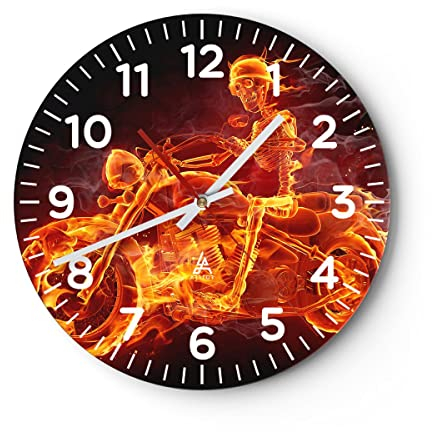 Modern Wanduhr Motorrad Flammen Skelett 30x30cm Rund Klein Wand Uhr Glas Analog Zimmeruhren Küche Büro Wohnzimmer Glasuhr Wall Clock Dekoration Design Wanddekoration Küchenuhr C4AR30x30-2652