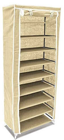 BAKAJI Zapatero para ahorrar espacio, con 10 estantes, 60 x 30 x 150 cm, hasta 36 pares de zapatos, revestimiento de tela TNT impermeable con cierre de cremallera antipolvo