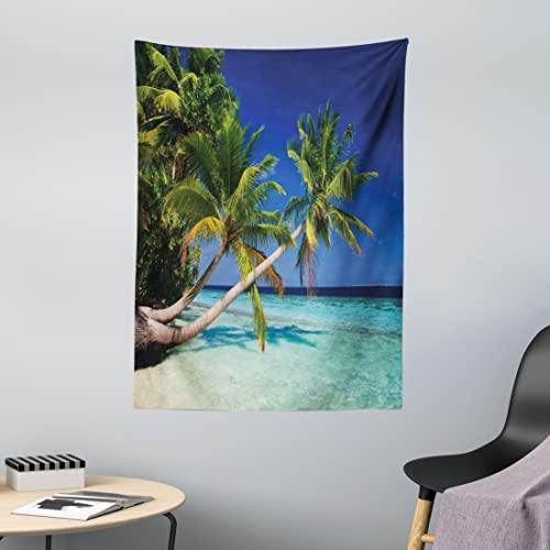 ABAKUHAUS Landschaft Wandteppich, Tropic Island Palms aus Weiches Mikrofaser Stoff Waschbar ohne Verblassen Digitaldruck, 110 x 150 cm, Aqua Blau Grün