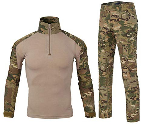 Ketamyy Hommes Tactique Uniforme Ensemble Militaire Camouflage Manches Longues Airsoft T Shirt + Treillis Armée Pantalon Chasse Combat Outdoor Randonnée Vêtements MC Camouflage L
