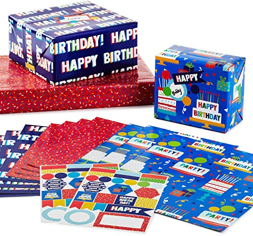 Hallmark Flache Geburtstags-Geschenkpapierbögen mit Schnittlinien auf der Rückseite (12 gefaltete Bögen mit Aufkleber-Siegeln) Happy Birthday, rotes Konfetti, blau mit Kuchen