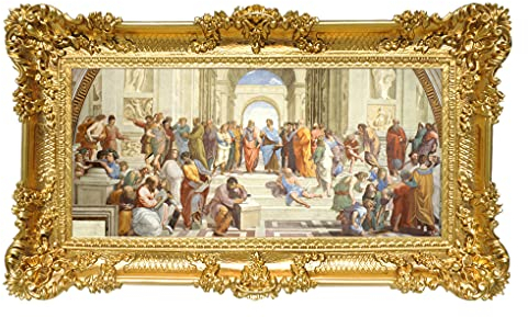 Idea Casa Stampa su Banner Telato Dipinto Raffaello Scuola di Atene con Cornice in Stile Barocco 96X56 (Oro)