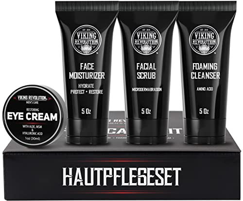 Viking Revolution - Kit Cuidado de la Piel Hombres - Skin Care Hombre - Regalo Hombre - Incluye Crema Hidratante, Exfoliante Facial, Espuma Limpiadora (142g) y Crema para los Ojos (29g)