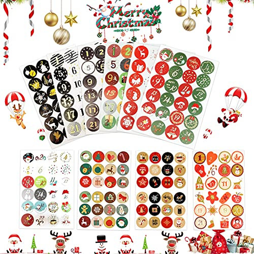 Adventskalender Aufkleber Set,10 x 24 STK,Adventskalender Sticker(Zahlen 1-24),Verschiedene Adventskalender Zahlen Aufkleben,Runde Weihnachtskalender Zahlenaufkleber,Nummer Aufkleber für Geschenke
