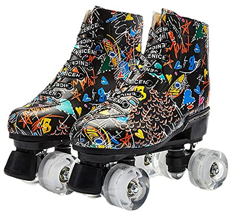XVBVS Rollschuhe für Herren Damen, PU-Leder High-Top Rollschuhschuhe Zweireihige Roller Skates für Indoor Outdoor (45,Black Graffiti)