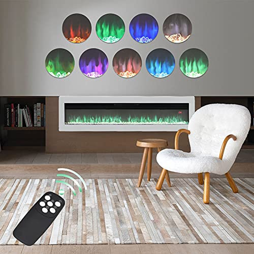 FIDOOVIVIA 60 Inch Electric Fireplace Insert/Wall Mount/Freestanding Fireplace Heater with 9 Flame Colour Effect & Remote Control, 900/1800W, White