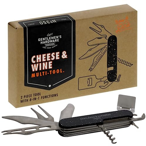 Gentlemen's Hardware 8-In-1 Cheese Wine and Beer Bottle Opener Herramienta de Bolsillo para Camping, Acero Inoxidable, Metalizado