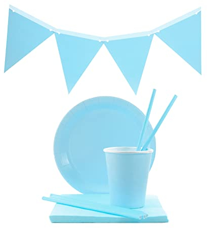 LASE C9 Set 127pcs de Vajilla Desechable para Fiestas de Cumpleaños 30 personas. Incluye Platos, Vasos, Servilleta y Guirnaldas de papel cartón. Material EcoFriendly. (Azul Liso)