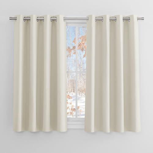 PONY DANCE Gardinen Wohnzimmer Modern Kurz Ösenvorhang 2er Set Blickdichte Vorhänge Hellbeige Verdunkelungsvorhang Ösen Thermovorhang, H 137 x B 132 cm