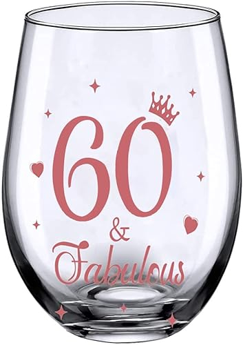 JUWNMANT 60th Birthday Gifts, Men and Women Cheers Wine Glasses, 60th Birthday Party Wedding Anniversary Decor Gift, 17oz Stemless (60 and Fabulous)