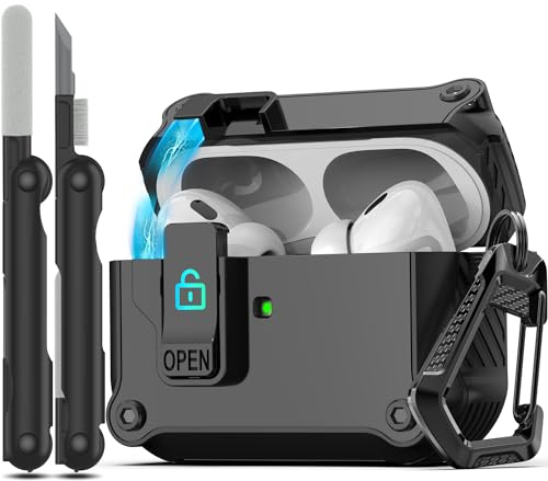 RFUNGUANGO Kompatibel Mit AirPods Pro 2 Hülle, Automatische Pop-up, Stoßfeste Ganzkörper-Harthülle für AirPods Pro 2./1.Generation (2023/2022/2019), Schwarz