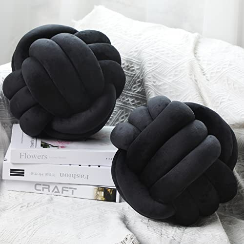 Namalu 2 Pcs Soft Knot Pillow Ball, Decorative Round Throw, Soft Knotted Plush Pillows, Handmade Stuffed Ball Pillows Cushion for Bedroom Sofa Couch Home Decor(10.6 Inches,Black)