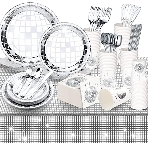 Marsui 201 Pcs Disco Ball Decor 70s Party Decorations, Serve 25, Include Disco Ball Plates and Napkins Paper Cups Straws Glitter Table Runner for Birthday New Year Party Supplies(Silver)