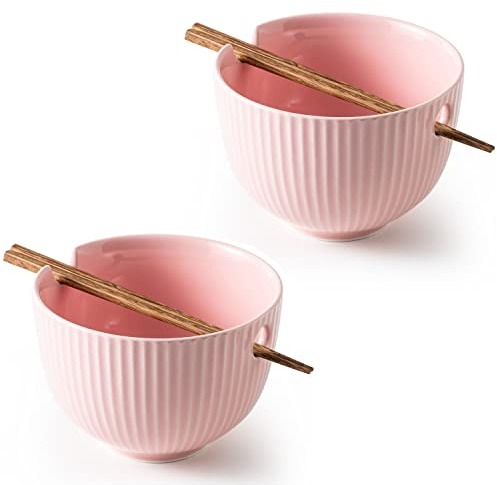 KAMAIDI Set mit 2 Ramen Nudelschalen aus Keramik mit passenden Essstäbchen, Suppenschalen für Udon Soba Pho asiatische Nudeln, spülmaschinen- und mikrowellengeeignet, 800 ml