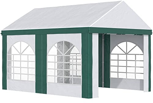 Outsunny Tendone da Giardino per Feste in Acciaio, PE e PVC, Gazebo 3x4 m per 12 Persone con Doppio Ingresso, Picchetti e Funi Incluse, Bianco e Verde