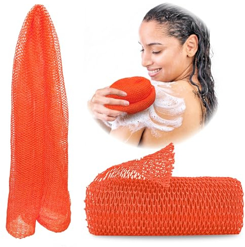 Adeton African Net Sponge, Exfoliating Body Scrubber, Body Exfoliator, Long Net Sponge, 17 Colors, Sapo, Shower Bath Accessories, Back Foot Scalp Scrub, Flat Dead Skin Remover Body Wash (Orange)